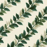 Botanical wallpaper with green leaves pattern on a beige background.