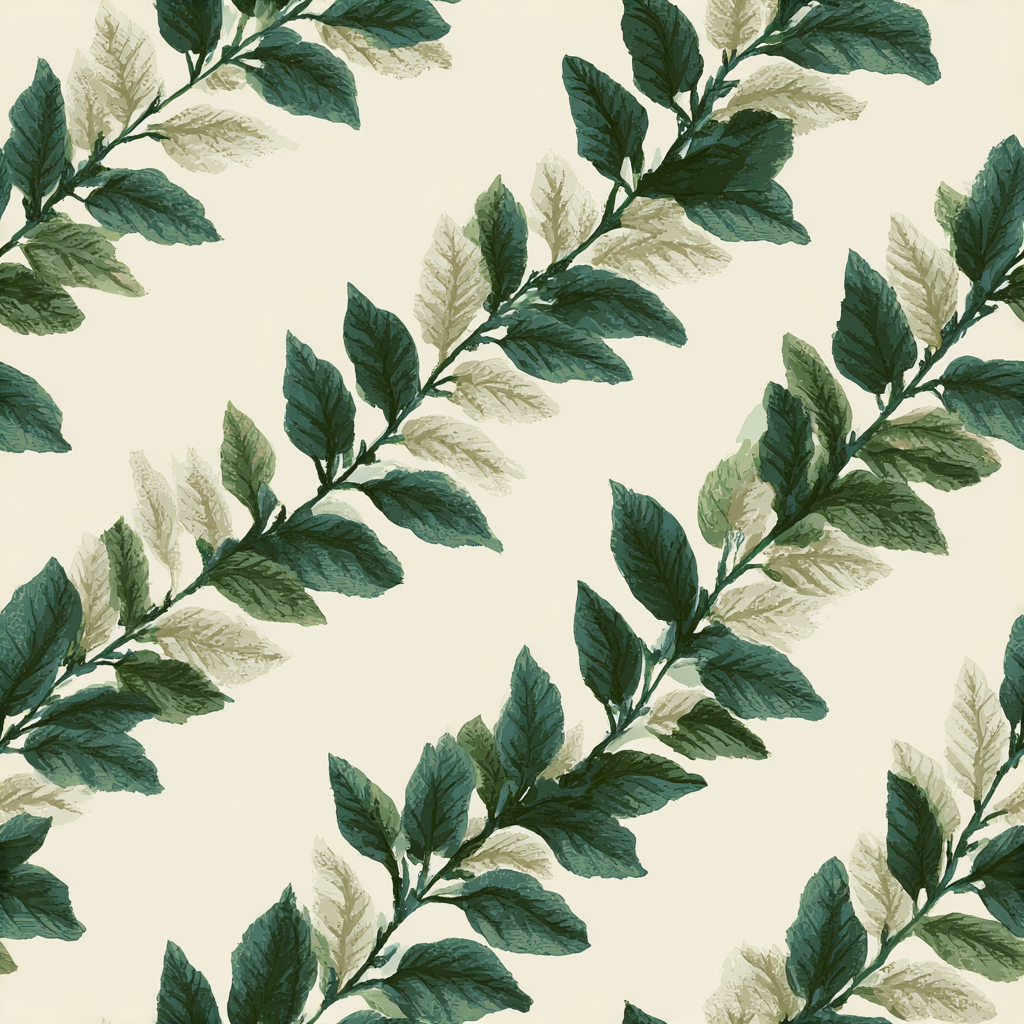 Botanical wallpaper with green leaves pattern on a beige background.