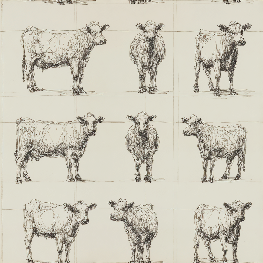 Herd wallpaper with pen and ink cow sketches on a light grid background.
