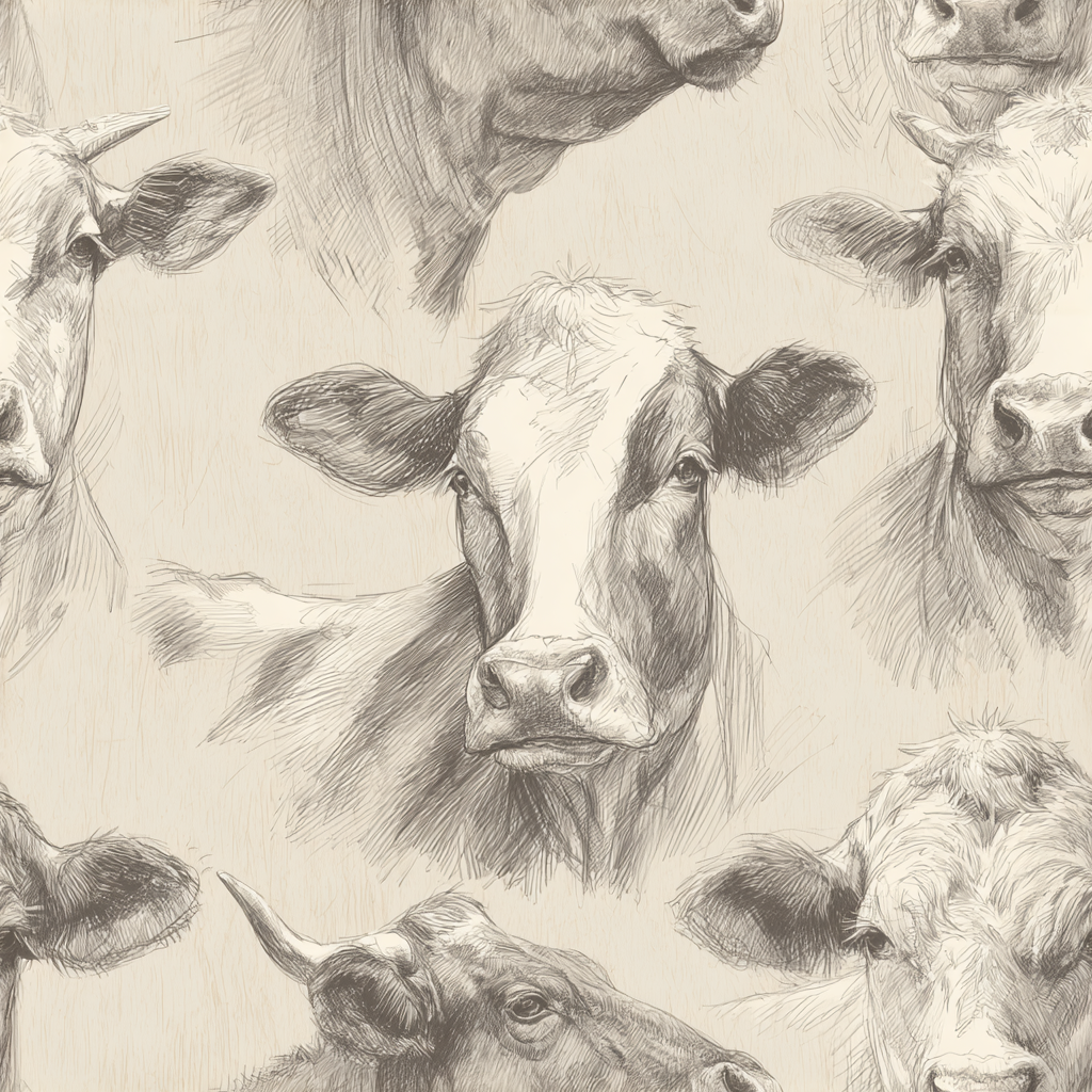 Herd wallpaper with cow sketches on a neutral-toned background.
