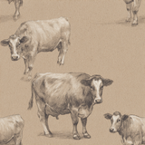 Brown dairy wallpaper with cow sketches on tan backdrop.