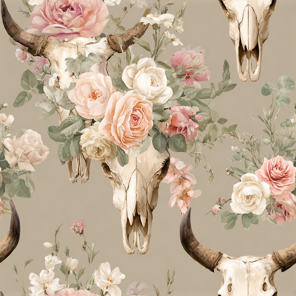 Floral cow skull wallpaper, from the Rosamont Range, with a seamless watercolor pattern and beige background.