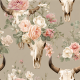 Floral cow skull wallpaper, from the Rosamont Range, with a seamless watercolor pattern and beige background.