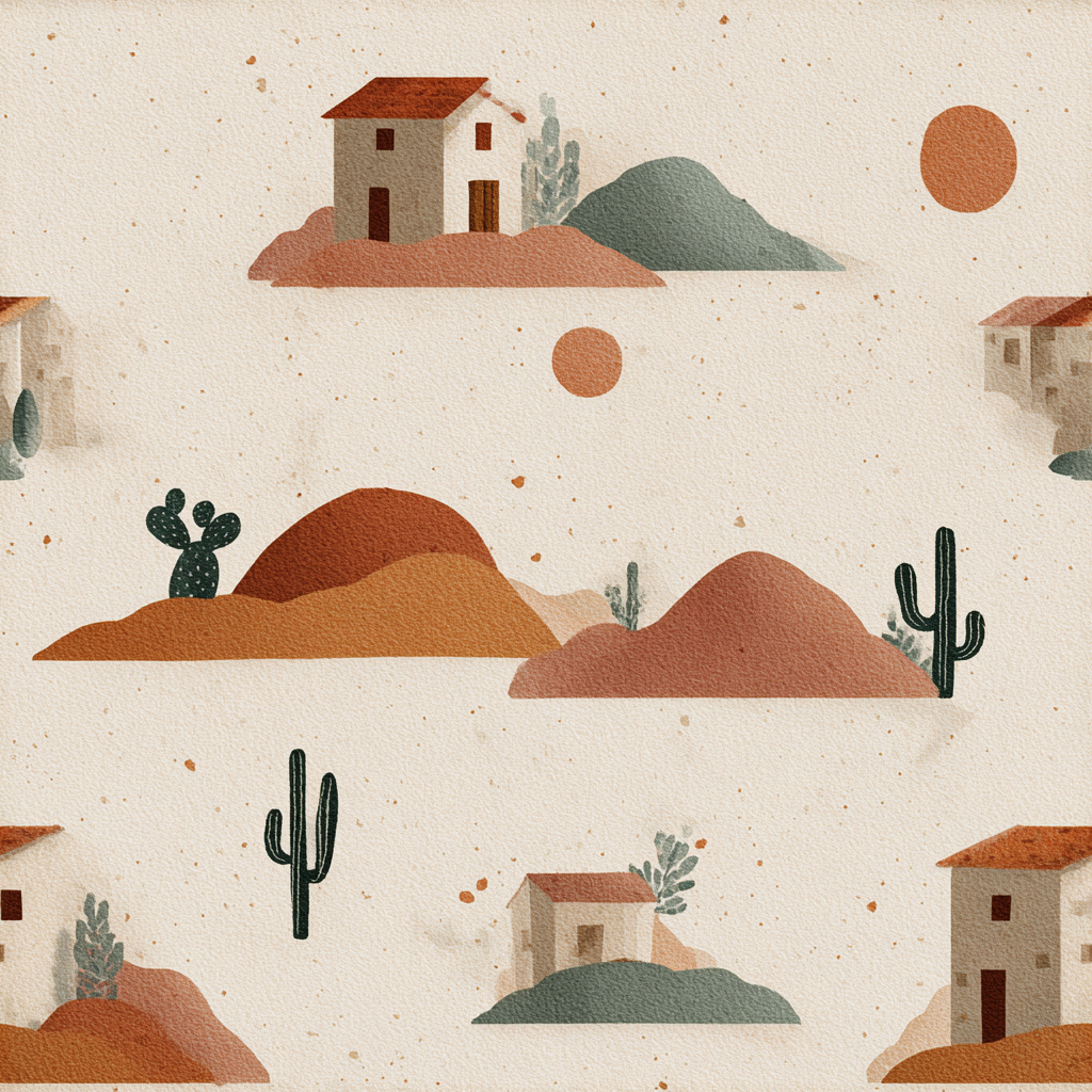 Cactus Ghost Ranch wallpaper featuring house and desert landscape pattern.