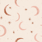 Patterned wallpaper with moons and stars, with a tan speckled texture.