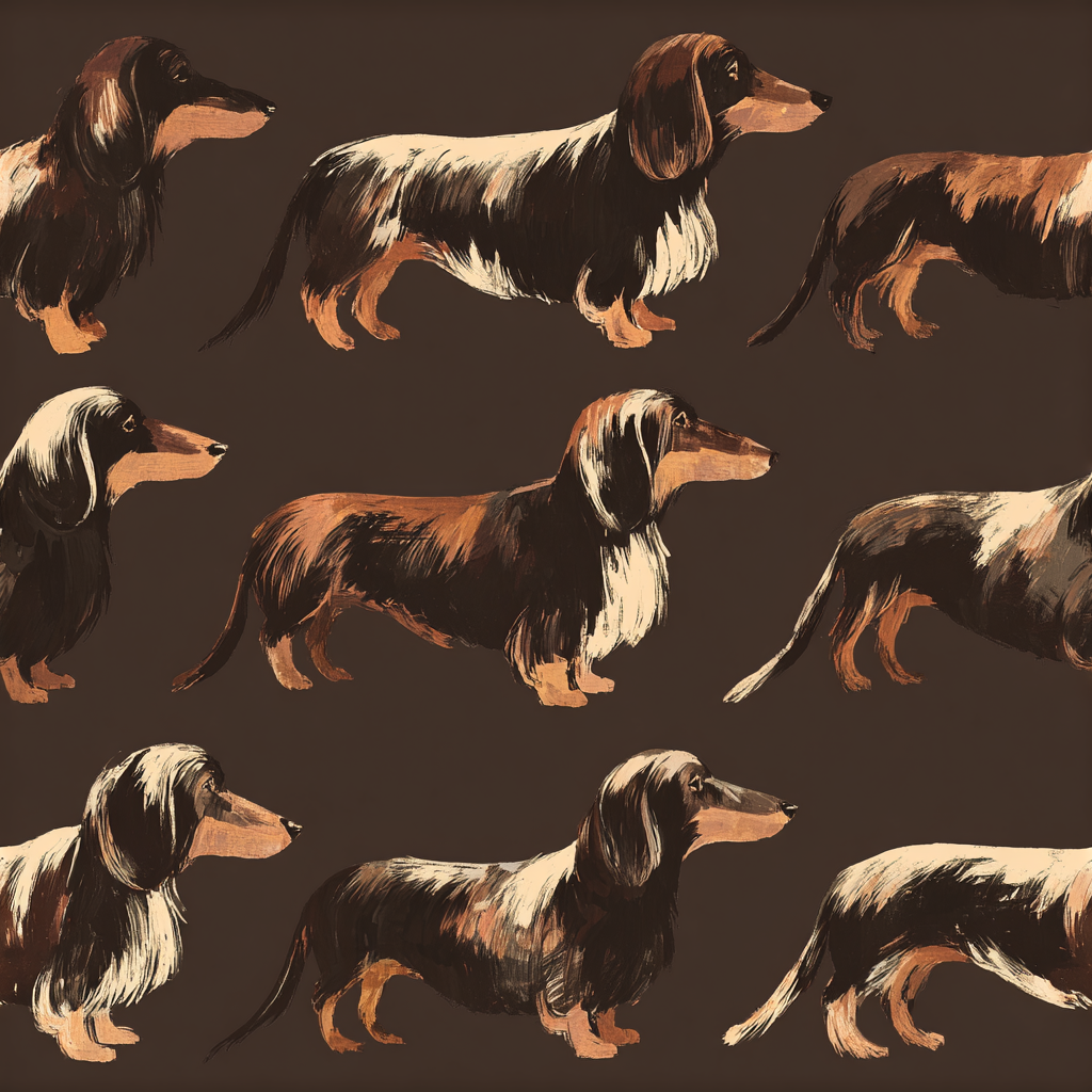 Patterned wallpaper with dachshund dog illustrations from Brindle & Bourbon, on a brown background.