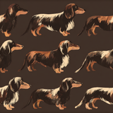 Patterned wallpaper with dachshund dog illustrations from Brindle & Bourbon, on a brown background.