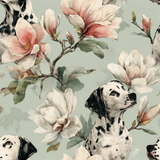 Magnolia Ashcroft wallpaper with Dalmatian and floral pattern on a light green background.