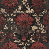 Red monastery wallpaper with a distressed damask pattern in red and beige on a dark gray background.
