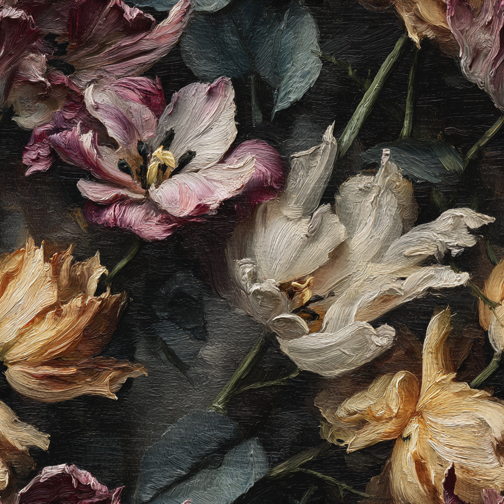 Floral wallpaper with a painterly texture featuring tulips in pink, white, and yellow hues.
