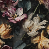 Floral wallpaper with a painterly texture featuring tulips in pink, white, and yellow hues.

