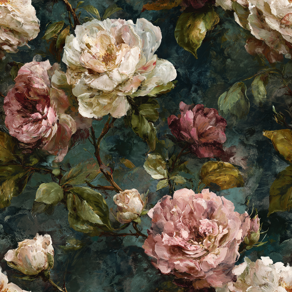 Floral wallpaper with roses, leaves and buds with a painterly aesthetic.