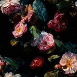 Floral rococo drift wallpaper with dark, moody hues and a vintage floral pattern.
