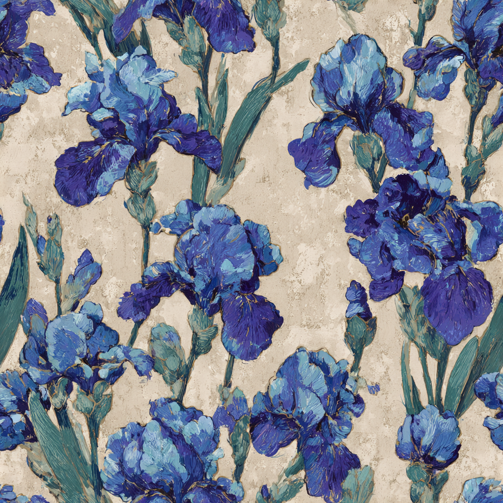 Floral wallpaper with blue irises and green leaves on a beige textured background.
