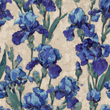 Floral wallpaper with blue irises and green leaves on a beige textured background.
