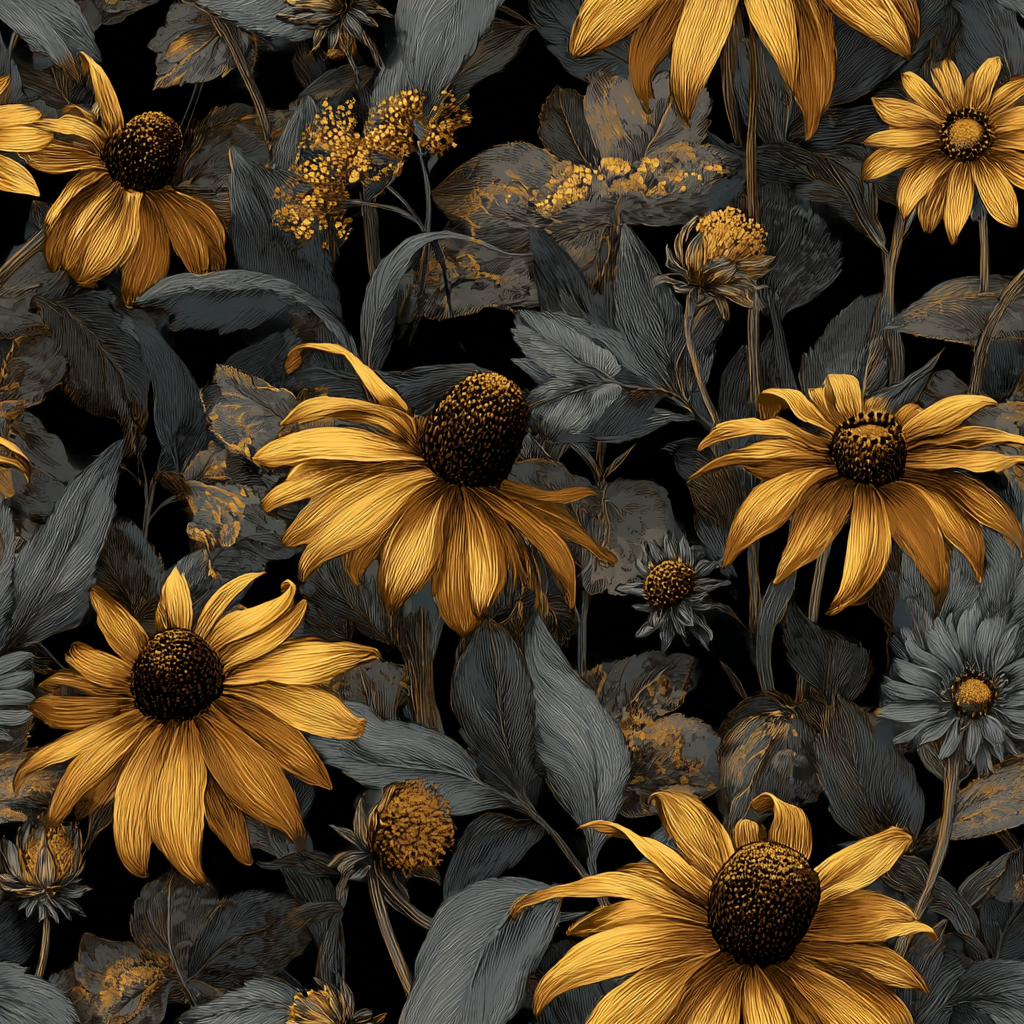 Floral wallpaper with yellow and gray sunflowers on a black background.