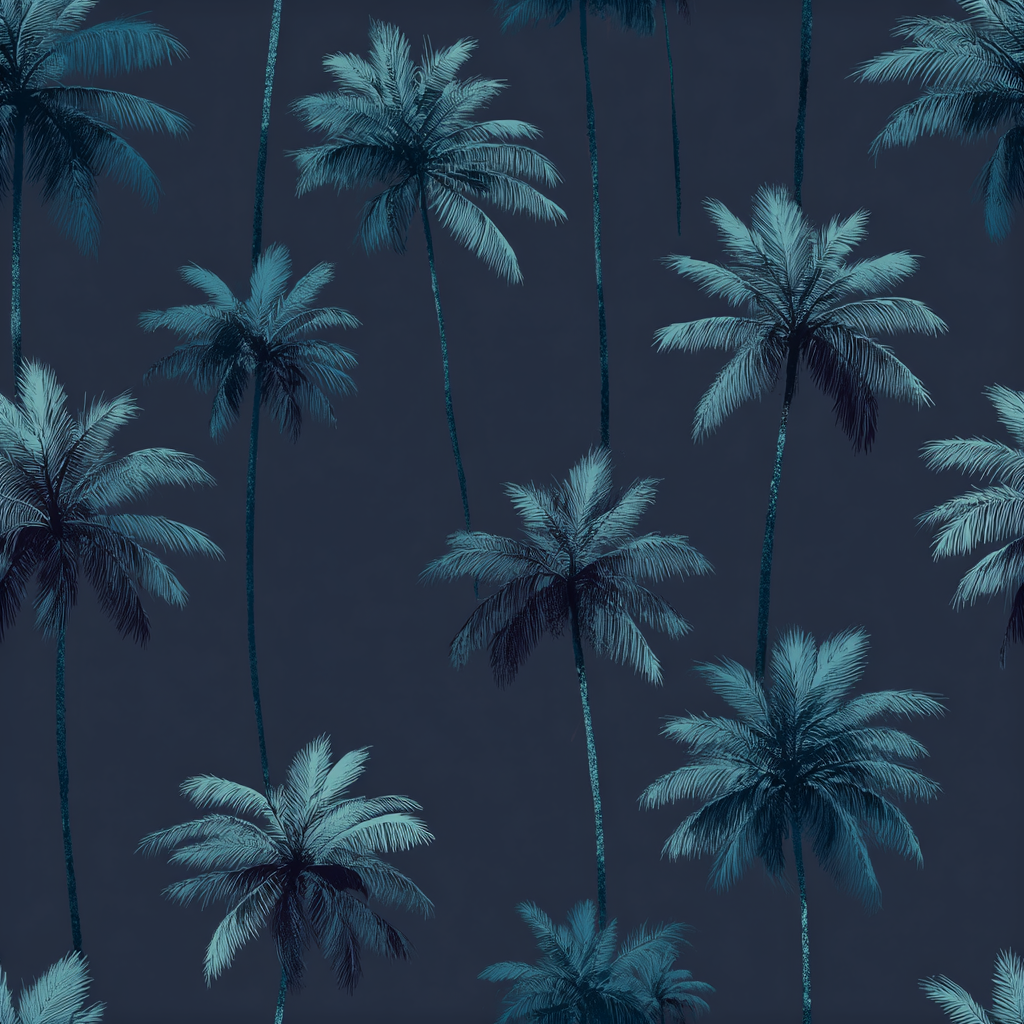Palm Nocturne wallpaper with tropical palm tree pattern in blue.