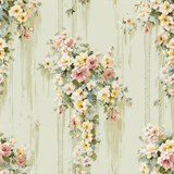 Floral Maison de Lys Wallpaper with light green background and blossom bouquet pattern.