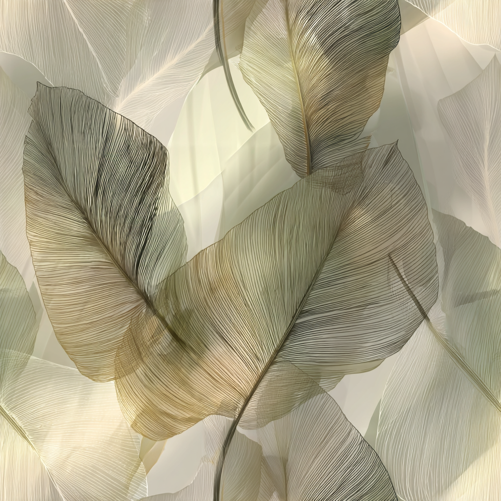 Botanical-themed wallpaper with leaf motif and linear texture, in neutral tones.