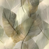 Botanical-themed wallpaper with leaf motif and linear texture, in neutral tones.