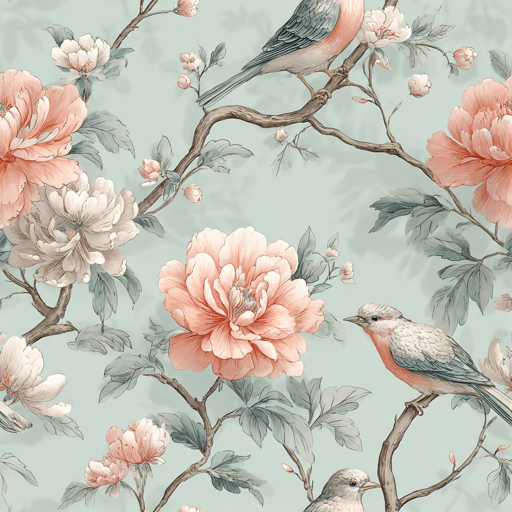 Floral wallpaper with birds by Spring Nocturne featuring peach and white peony blooms on a light blue background.
