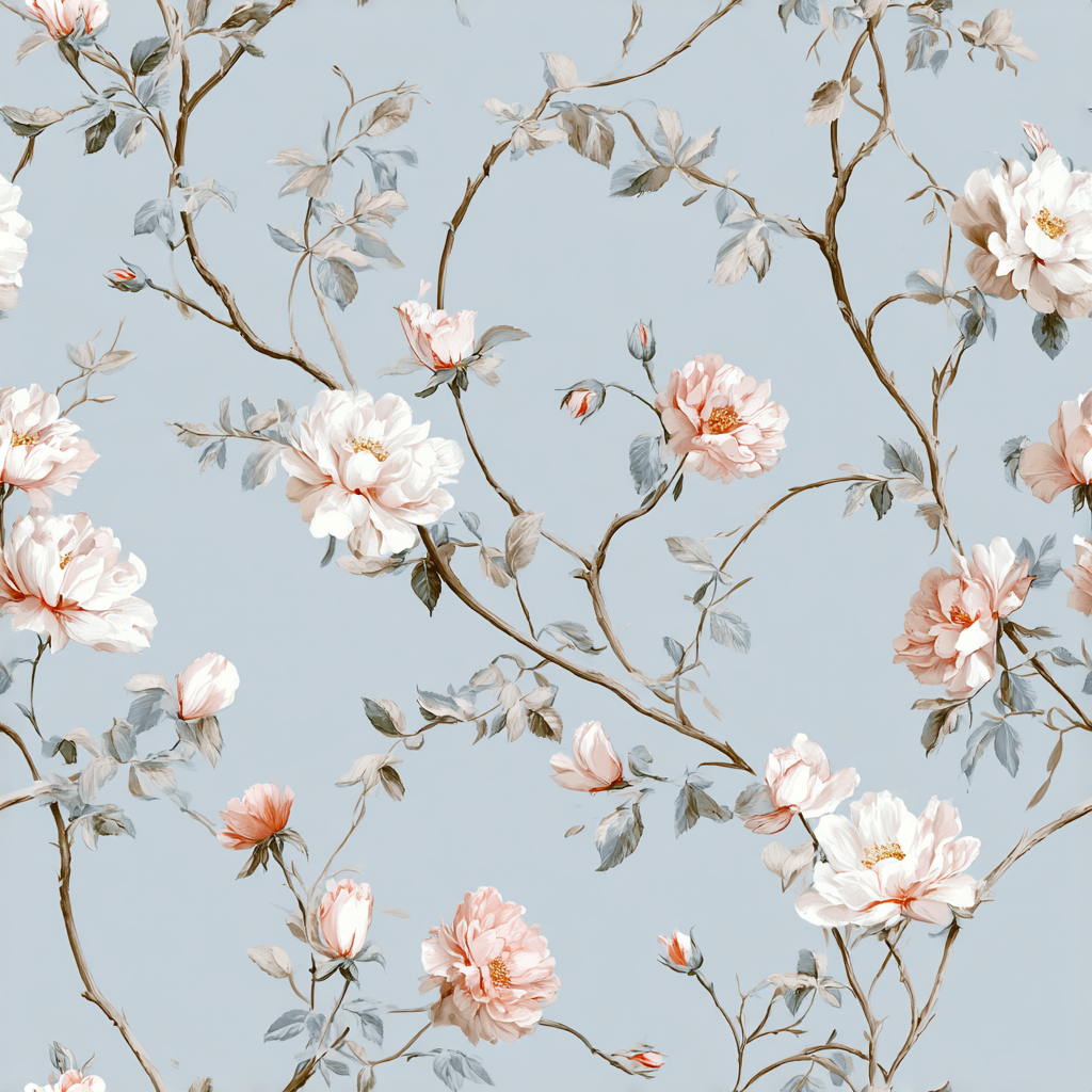 Floral wallpaper with pink and white roses on vines against a blue background.