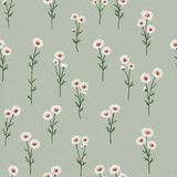 Floral meadow notes wallpaper with daisy pattern on a green background.