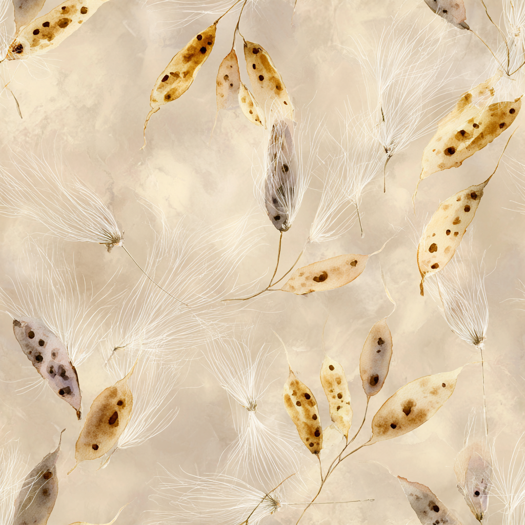 Tan Silken Fall Wallpaper with dandelions and pod pattern.
