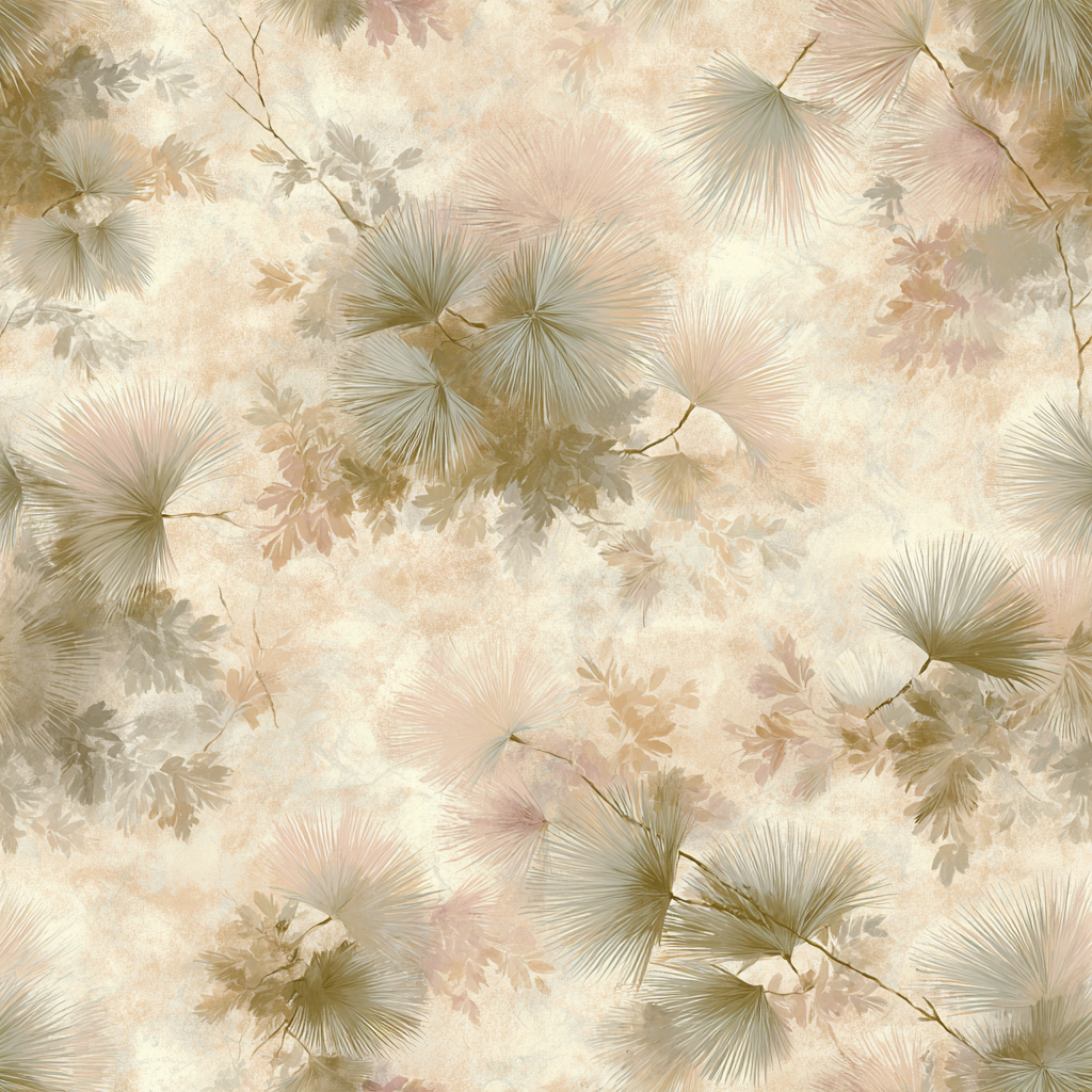 Neutral beige palmetto veil wallpaper with floral details by Brewster Home Fashions, featuring a botanical pattern.
