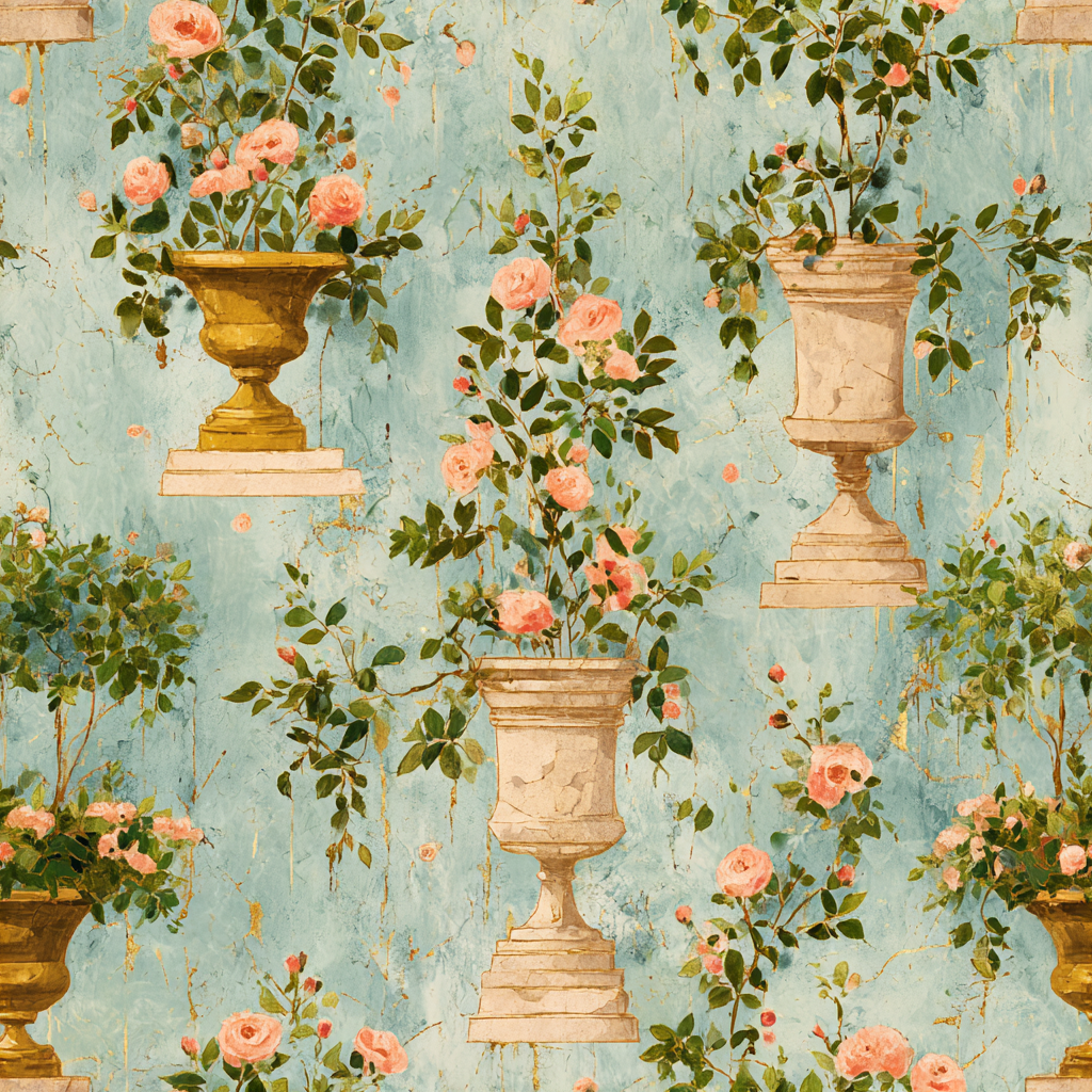 Palais Verdanne Wallpaper with floral pattern featuring pink roses and garden urns on a textured blue background.