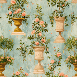 Palais Verdanne Wallpaper with floral pattern featuring pink roses and garden urns on a textured blue background.