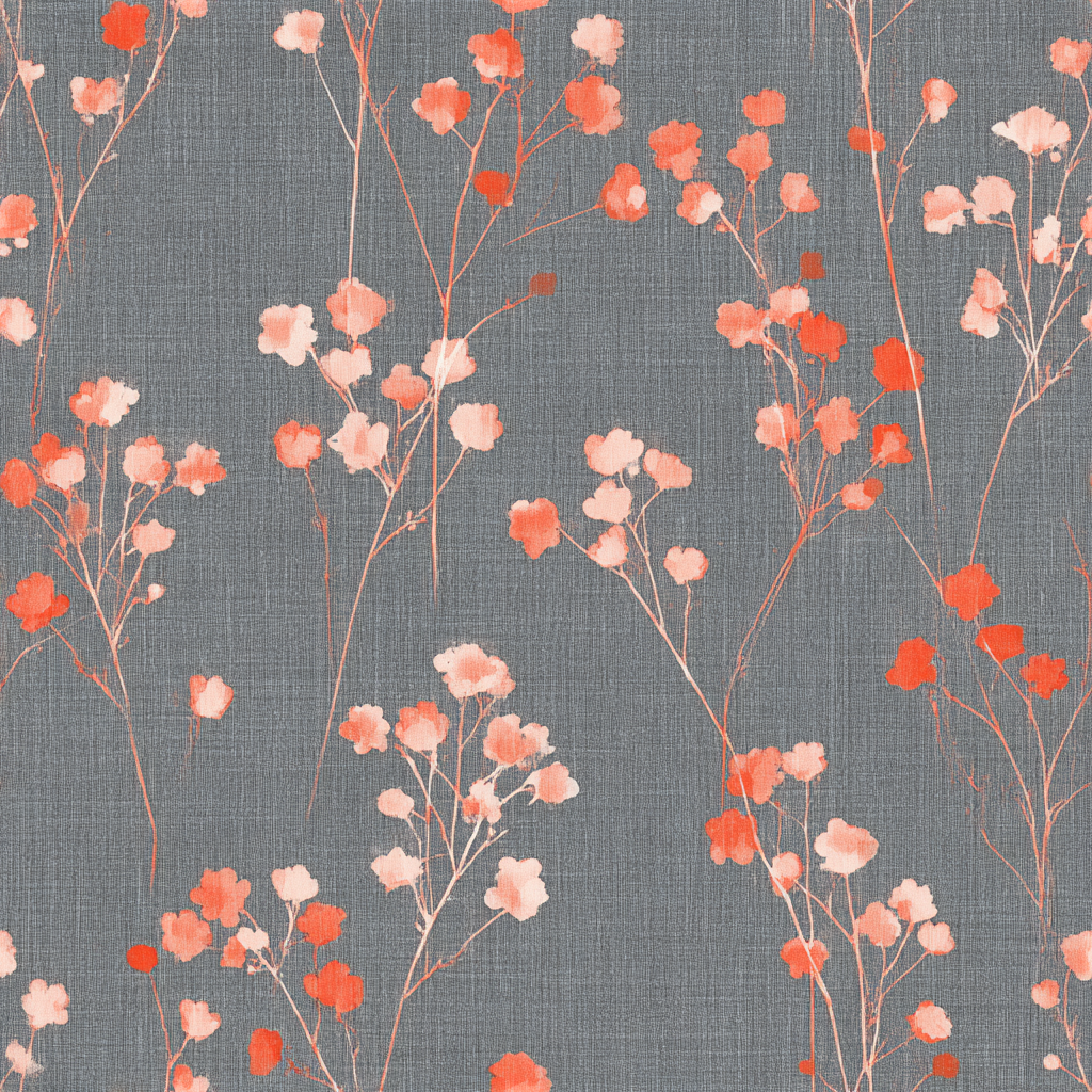 Floral blush wallpaper with coral blooms on gray textured background.