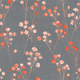 Floral blush wallpaper with coral blooms on gray textured background.