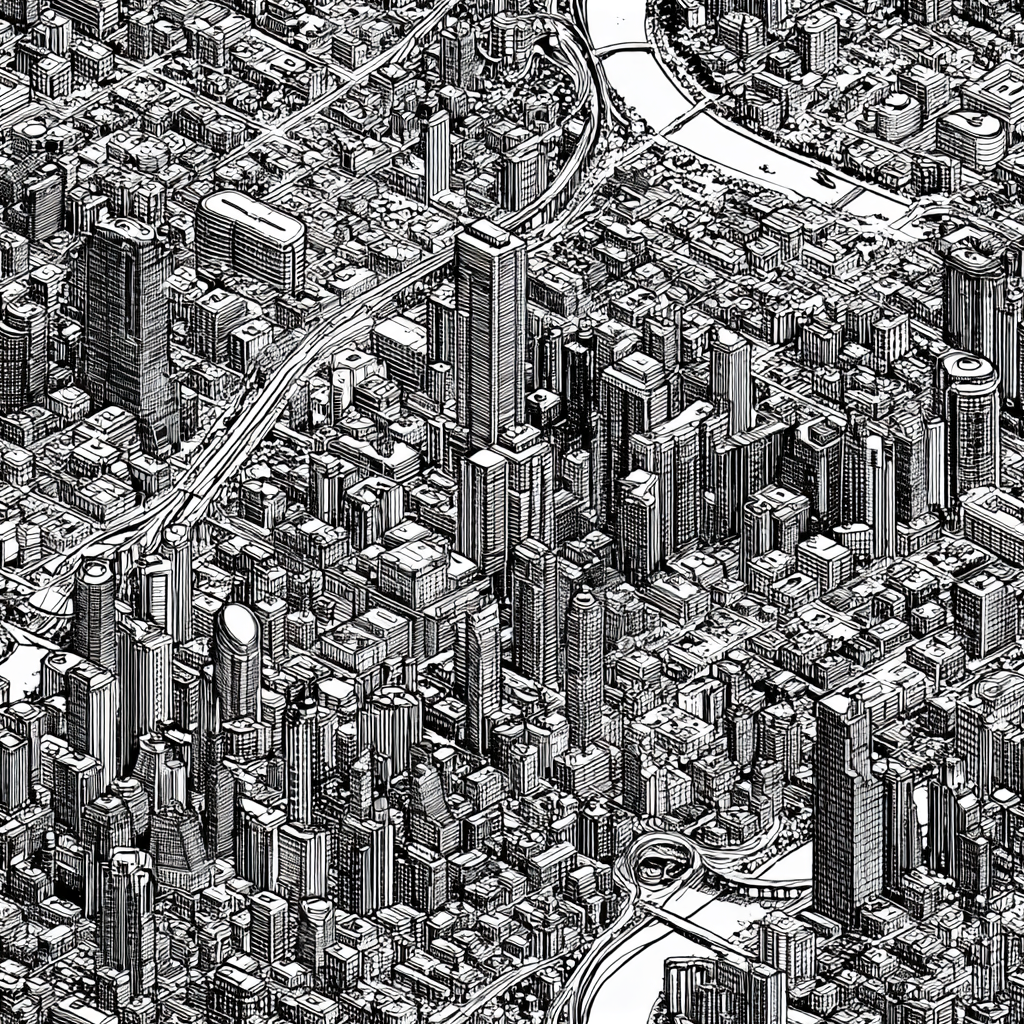 Monochromatic city blueprint wallpaper with highly detailed buildings and roadways.