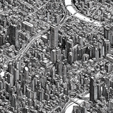 Monochromatic city blueprint wallpaper with highly detailed buildings and roadways.
