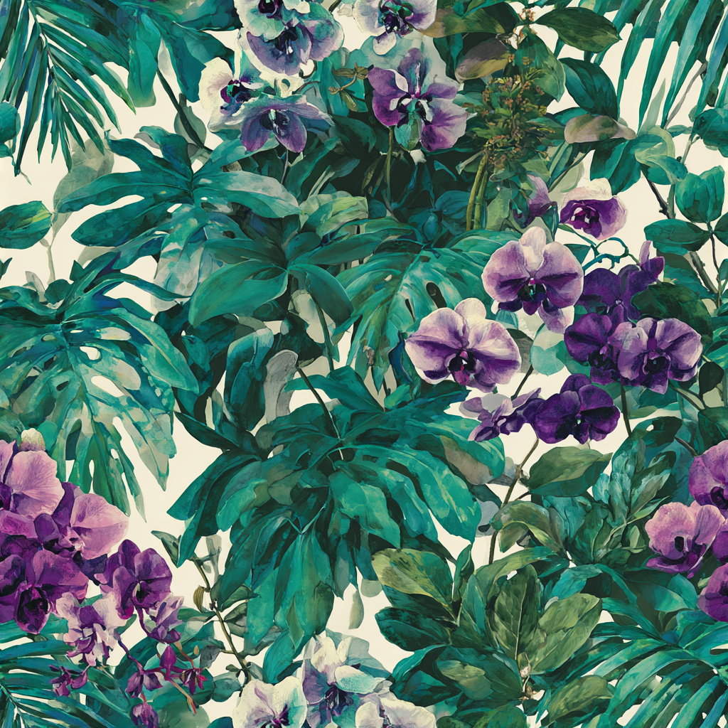 Floral wallpaper with monstera leaves by Brewster Home Fashions with orchid accents.
