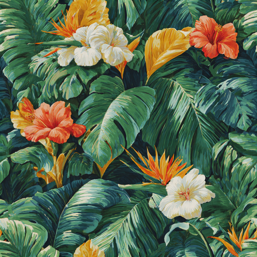 Calypso Grove wallpaper featuring lush, tropical plants and colorful hibiscus flowers.