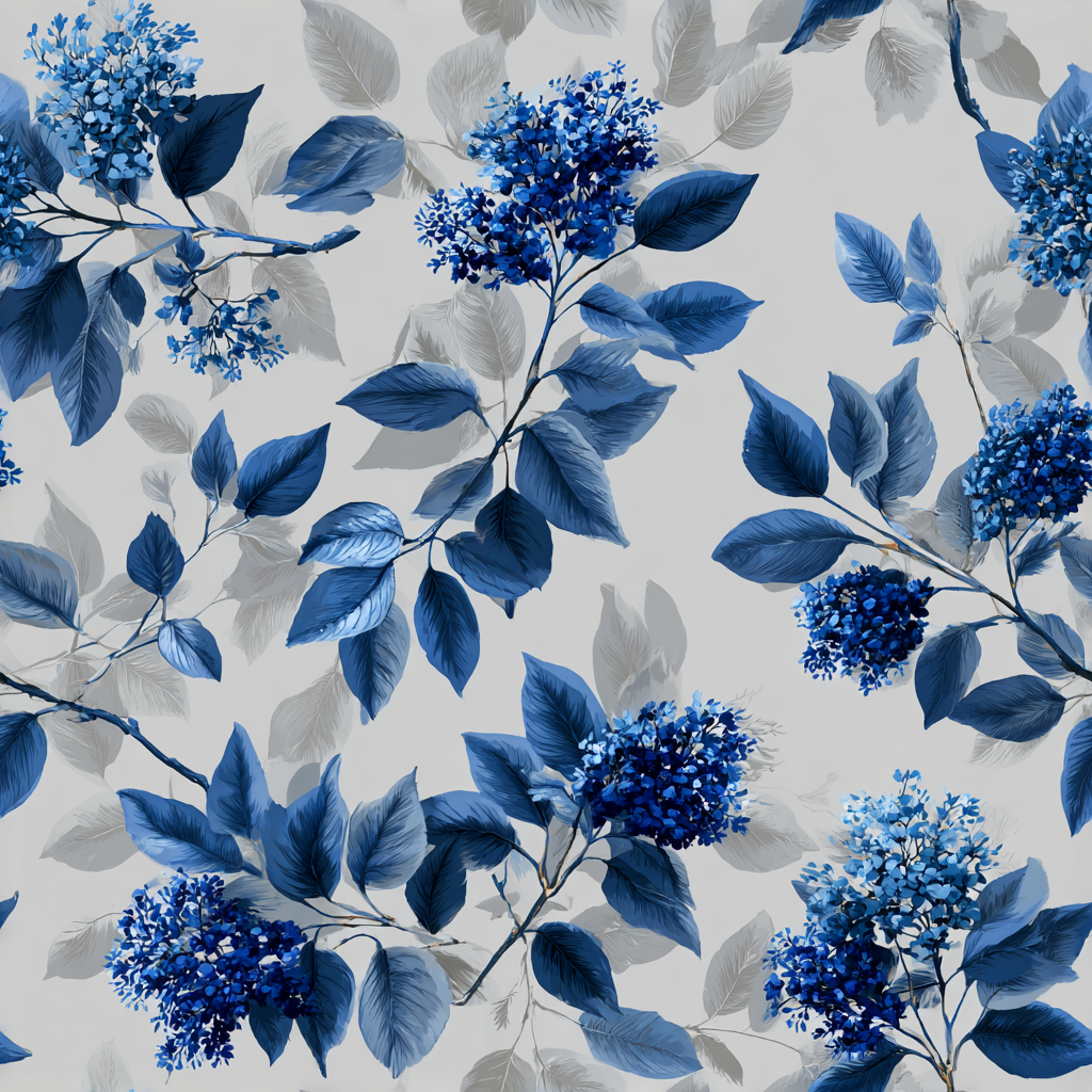 Blue floral wallpaper with ashcombe pattern from Wallpaper Direct featuring blue leaves and flower blossoms.
