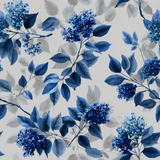 Blue floral wallpaper with ashcombe pattern from Wallpaper Direct featuring blue leaves and flower blossoms.
