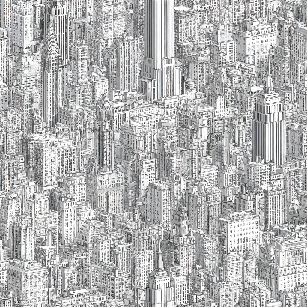 Manhasset Cartography Wallpaper with a detailed cityscape drawing, full of buildings and skyscrapers.