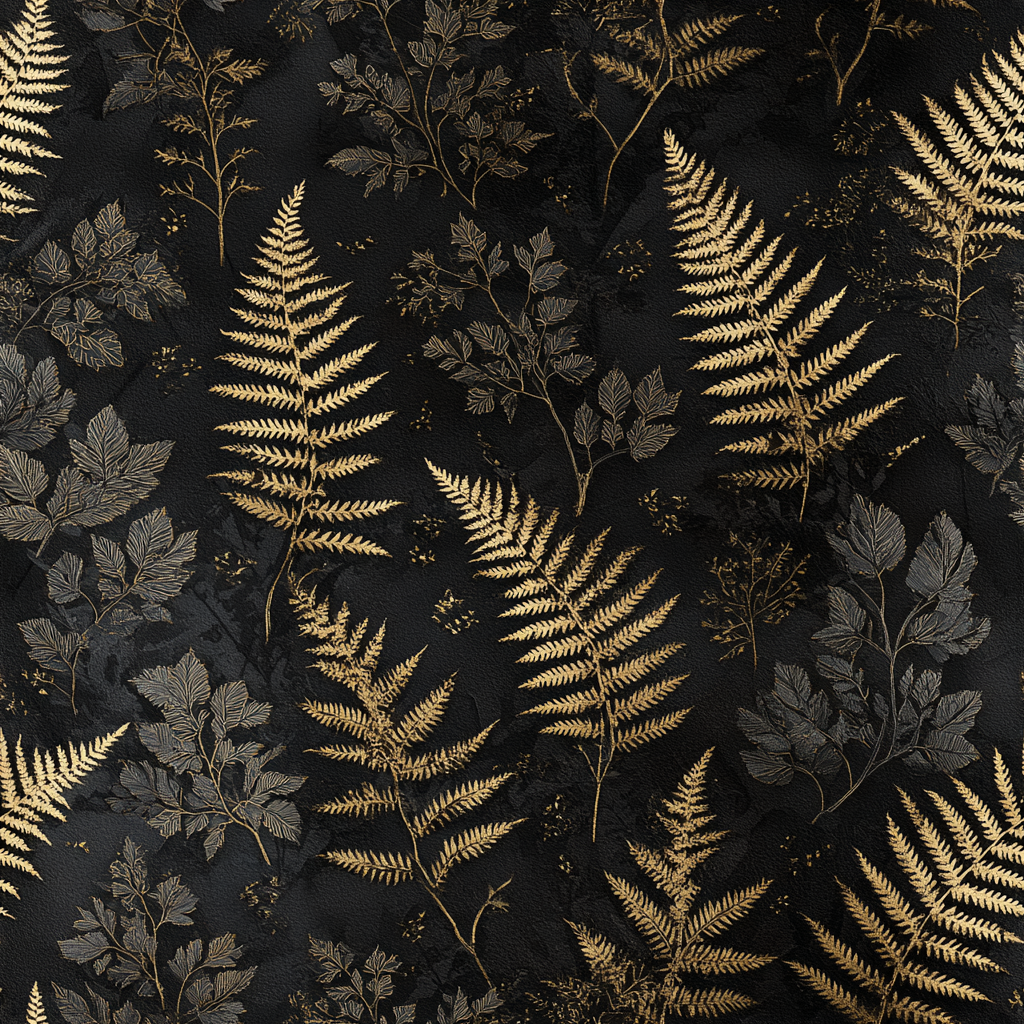 Gilded Thicket Noire Wallpaper with a botanical pattern featuring gold ferns against a dark textured background.
