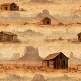 Western landscape wallpaper featuring weathered cabins, mountains, and a sepia tone reminiscent of parchment paper.