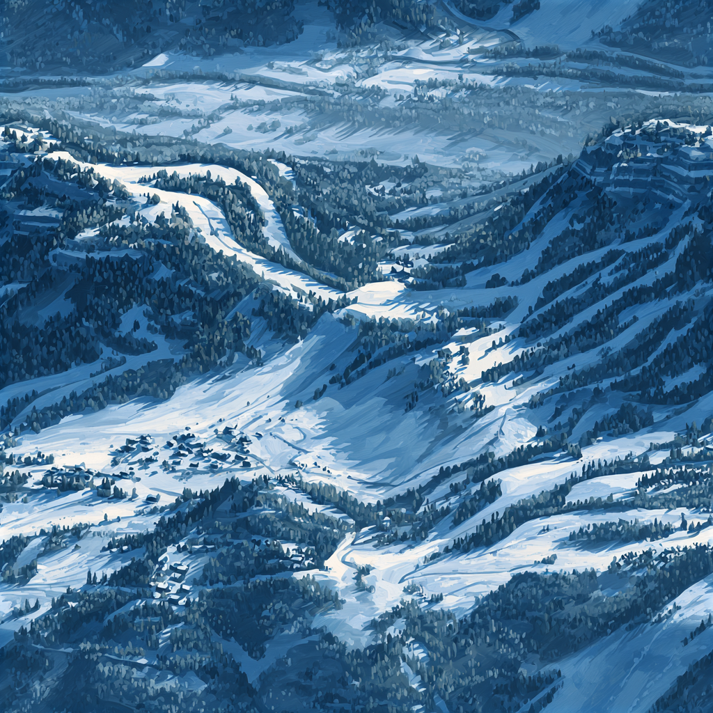 Blue wallpaper with snow-covered mountains and forests.