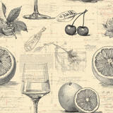 Citrus Etching Wallpaper with fruit sketches on a vintage script background.
