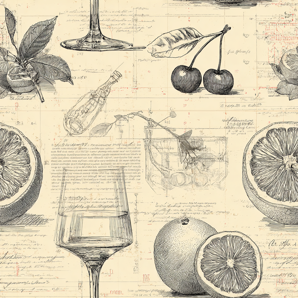 Citrus Etching Wallpaper with fruit sketches on a vintage script background.
