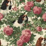 Floral wallpaper with Cavalier King Charles Spaniels, amid pink roses and green foliage.