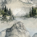 Landscape etching wallpaper with trees and mountains, in a monochromatic color scheme.
