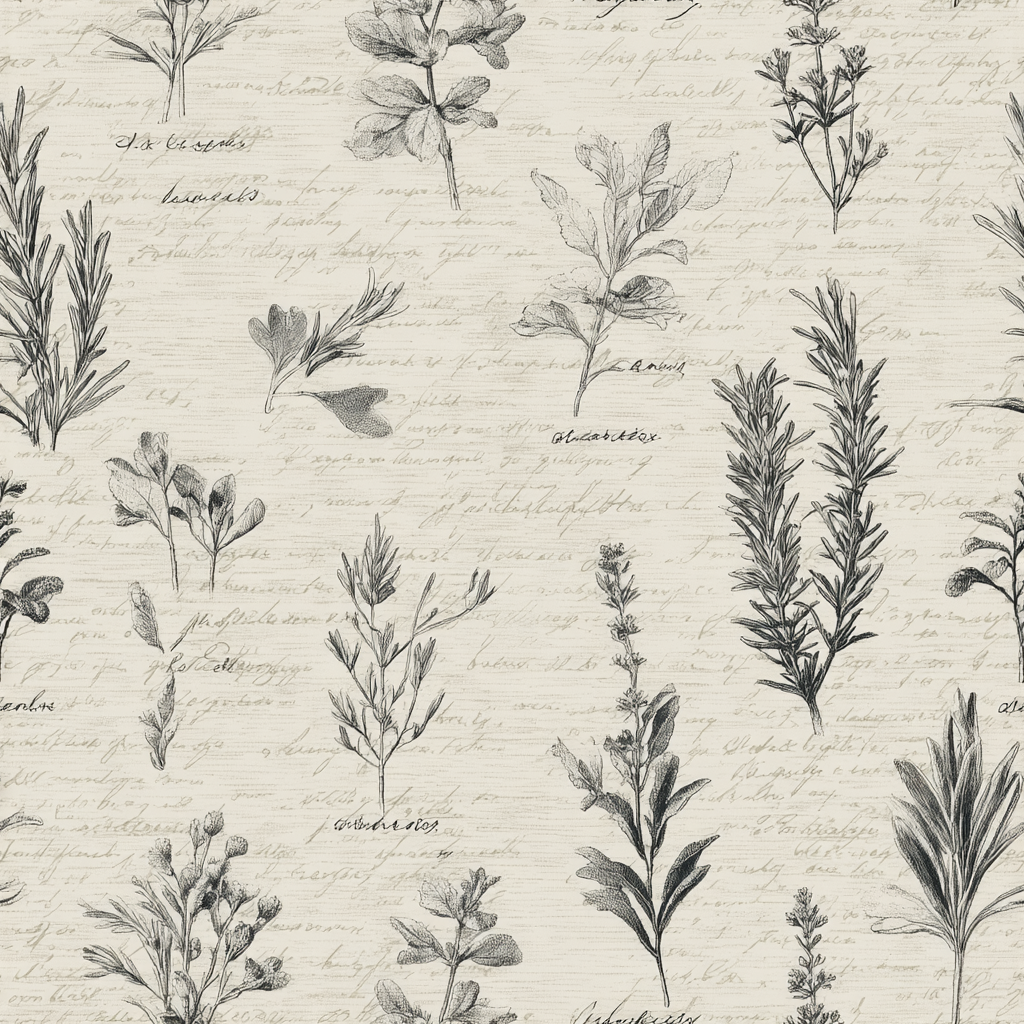 Herbarium Scroll Wallpaper with botanical drawings and faded handwriting effect on a textured beige background.