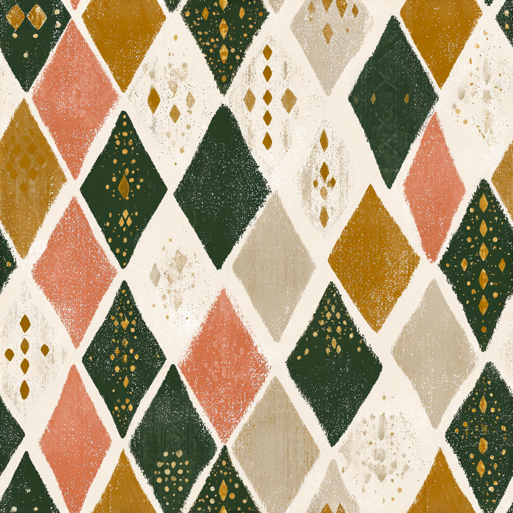 Harlequin wallpaper with diamond pattern from Mariner's, featuring green, brown, beige, and coral colors with gold accents.
