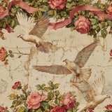 Patterned Bellecour Wallpaper with pink roses and flying doves on a crackled texture.

